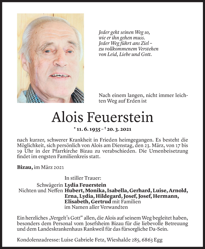  Todesanzeige für Alois Feuerstein vom 21.03.2021 aus Vorarlberger Nachrichten