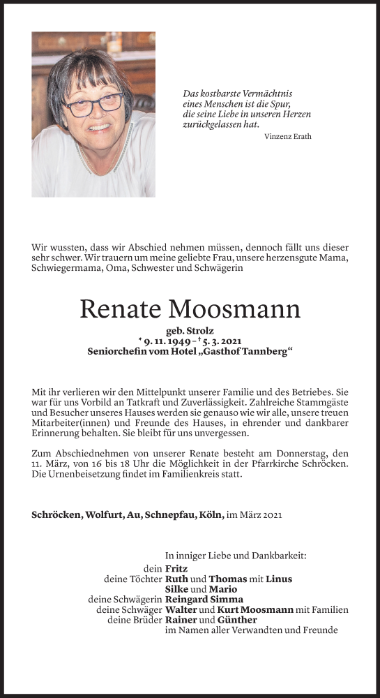  Todesanzeige für Renate Moosmann vom 09.03.2021 aus Vorarlberger Nachrichten