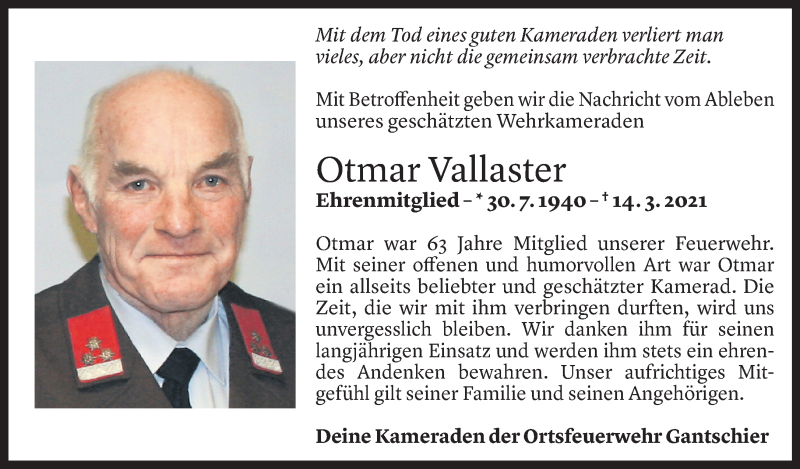  Todesanzeige für Otmar Vallaster vom 16.03.2021 aus Vorarlberger Nachrichten