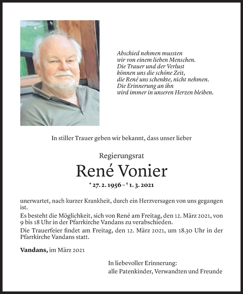  Todesanzeige für Rene Vonier vom 08.03.2021 aus Vorarlberger Nachrichten