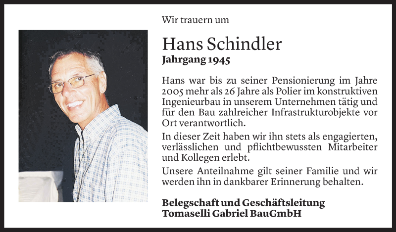  Todesanzeige für Hans Schindler vom 08.03.2021 aus Vorarlberger Nachrichten