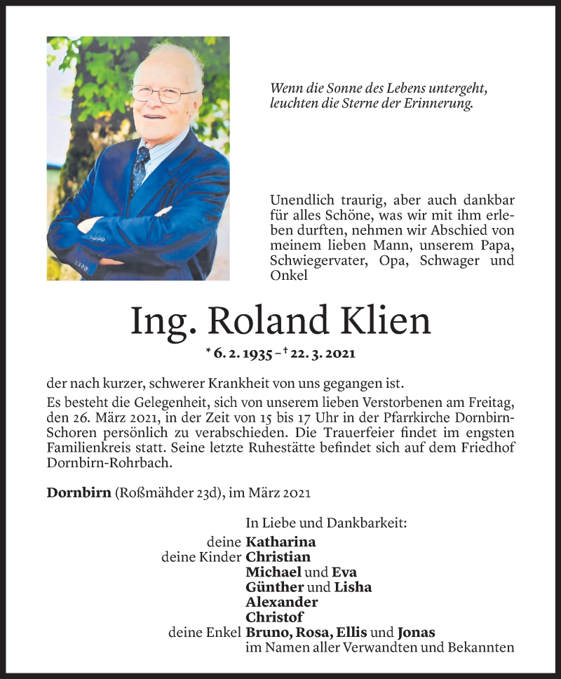  Todesanzeige für Roland Klien vom 24.03.2021 aus Vorarlberger Nachrichten