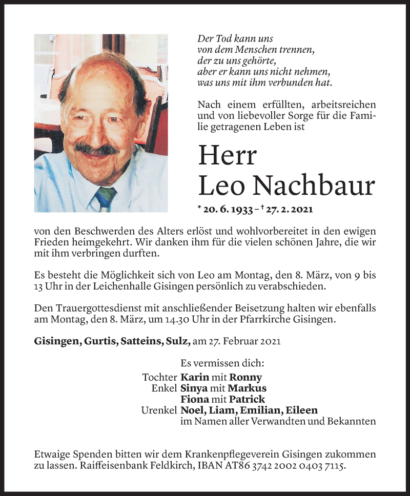  Todesanzeige für Leo Nachbaur vom 06.03.2021 aus Vorarlberger Nachrichten