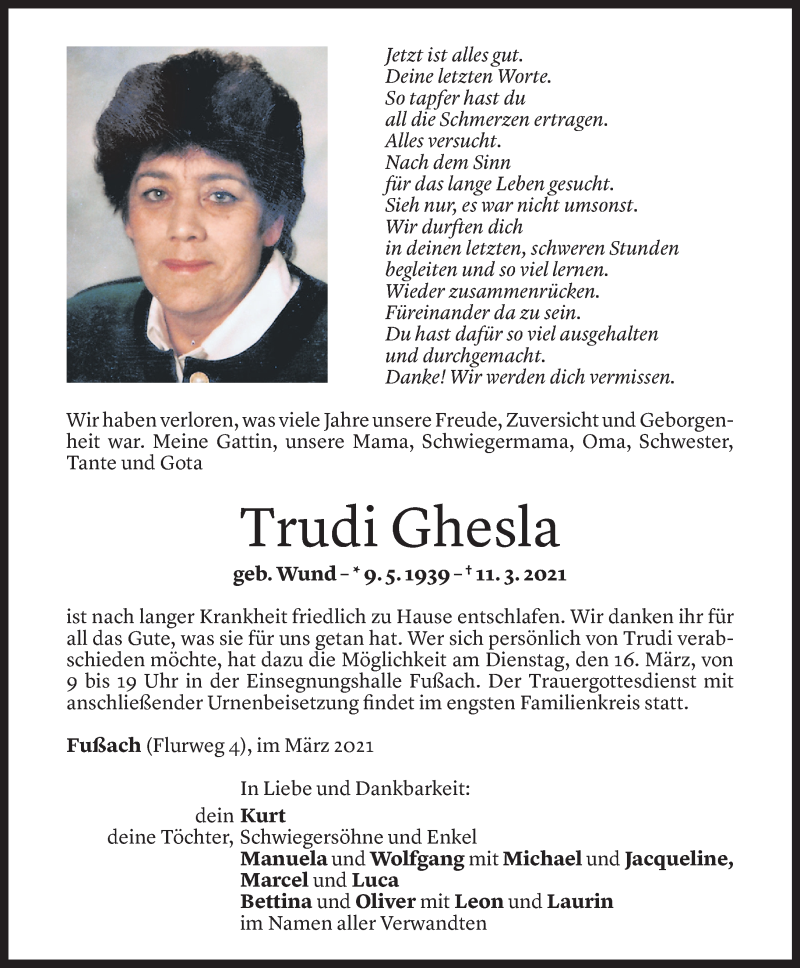  Todesanzeige für Trudi Ghesla vom 12.03.2021 aus Vorarlberger Nachrichten