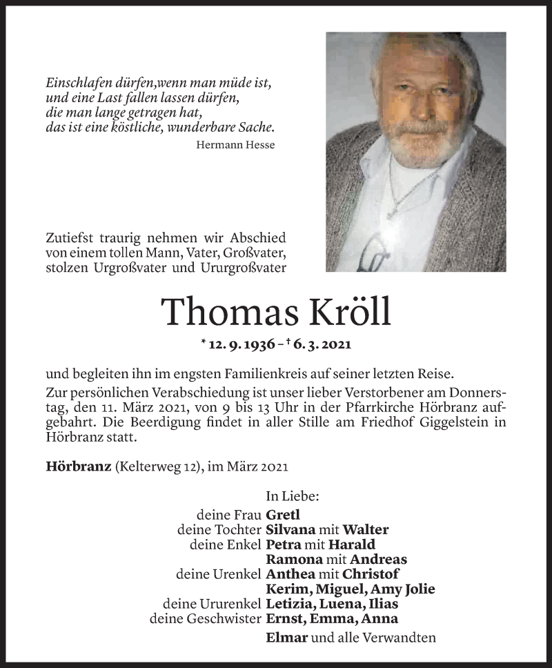  Todesanzeige für Thomas Kröll vom 10.03.2021 aus Vorarlberger Nachrichten