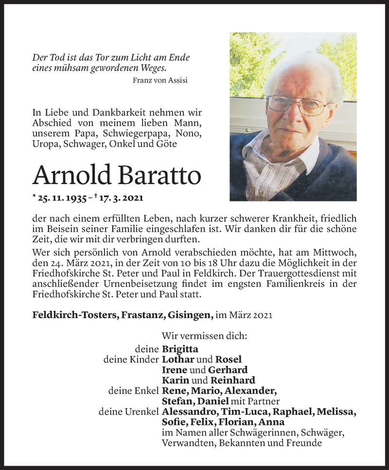  Todesanzeige für Arnold Baratto vom 19.03.2021 aus Vorarlberger Nachrichten