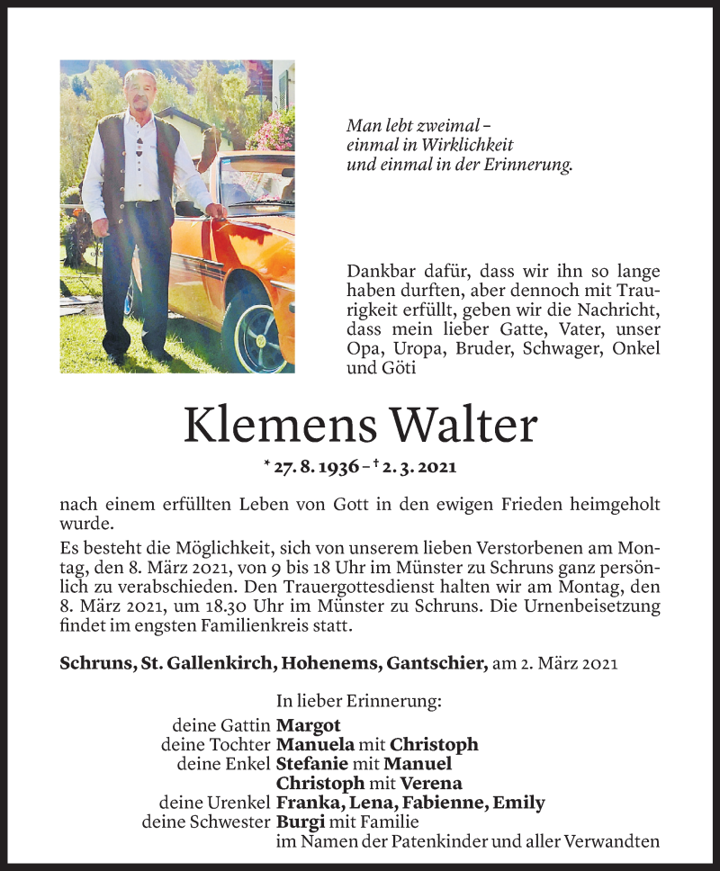  Todesanzeige für Klemens Walter vom 04.03.2021 aus Vorarlberger Nachrichten