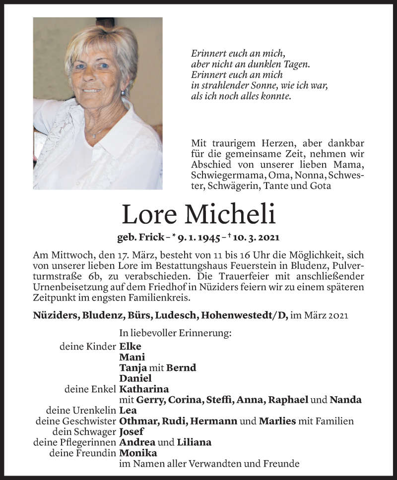  Todesanzeige für Lore Micheli vom 13.03.2021 aus Vorarlberger Nachrichten