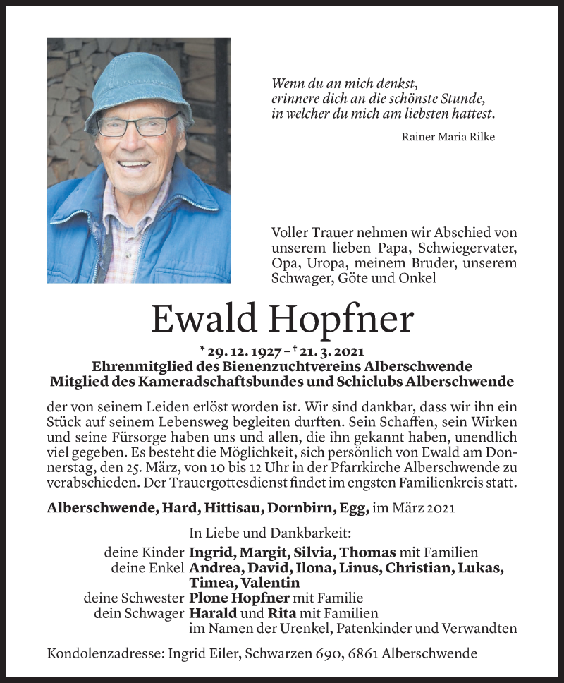 Todesanzeige für Ewald Hopfner vom 22.03.2021 aus Vorarlberger Nachrichten