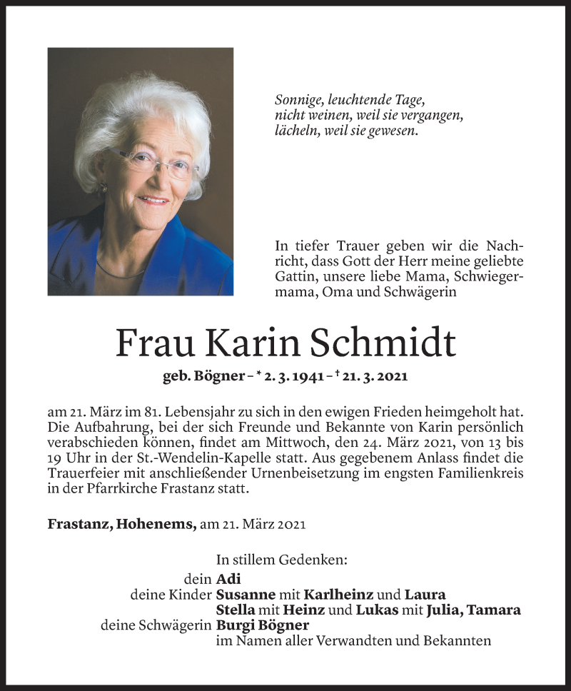  Todesanzeige für Karin Schmidt vom 23.03.2021 aus Vorarlberger Nachrichten