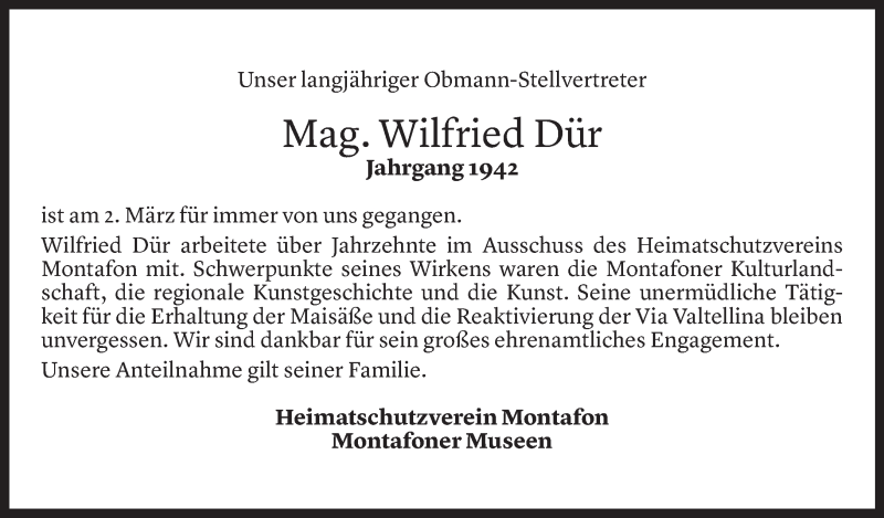  Todesanzeige für Wilfried Dür vom 04.03.2021 aus Vorarlberger Nachrichten