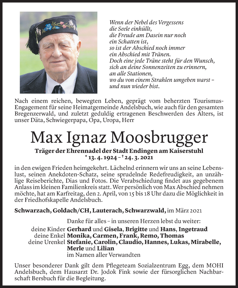  Todesanzeige für Max Ignaz Moosbrugger vom 31.03.2021 aus Vorarlberger Nachrichten
