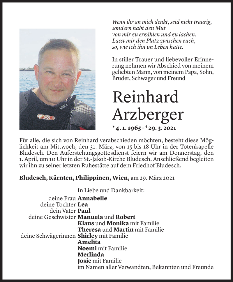  Todesanzeige für Reinhard Arzberger vom 29.03.2021 aus Vorarlberger Nachrichten