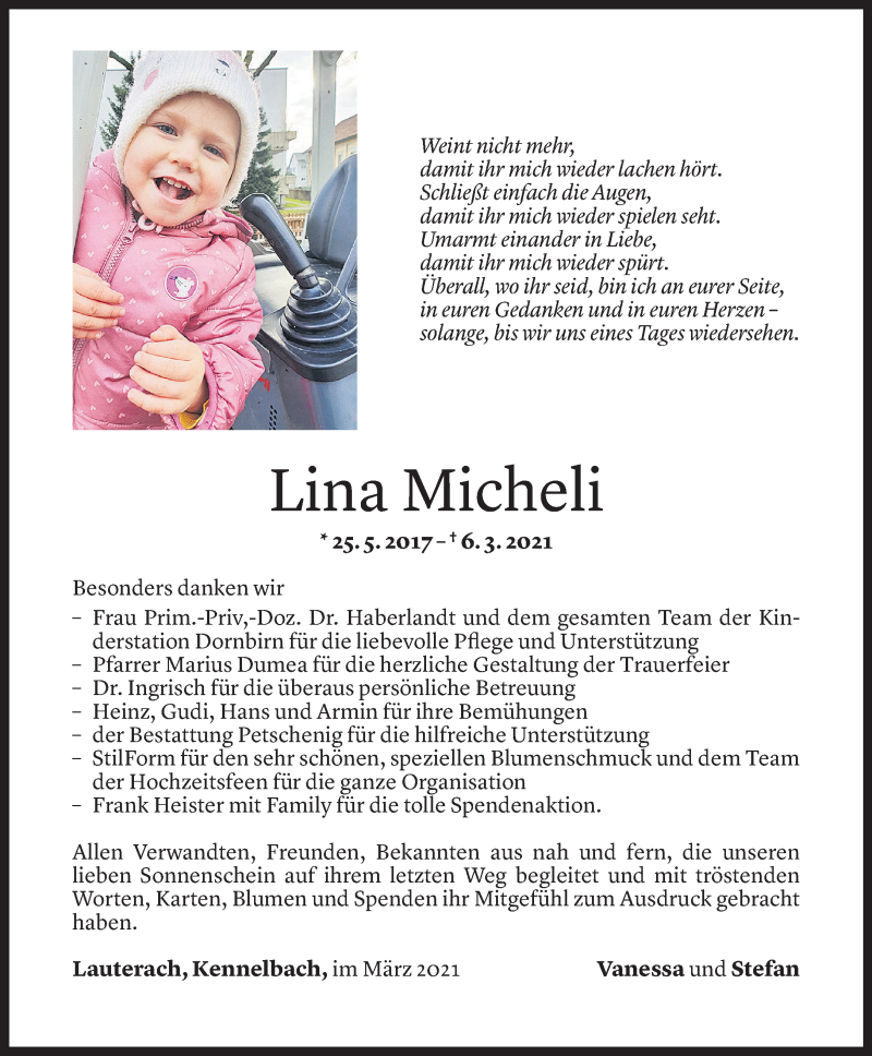  Todesanzeige für Lina Micheli vom 26.03.2021 aus Vorarlberger Nachrichten