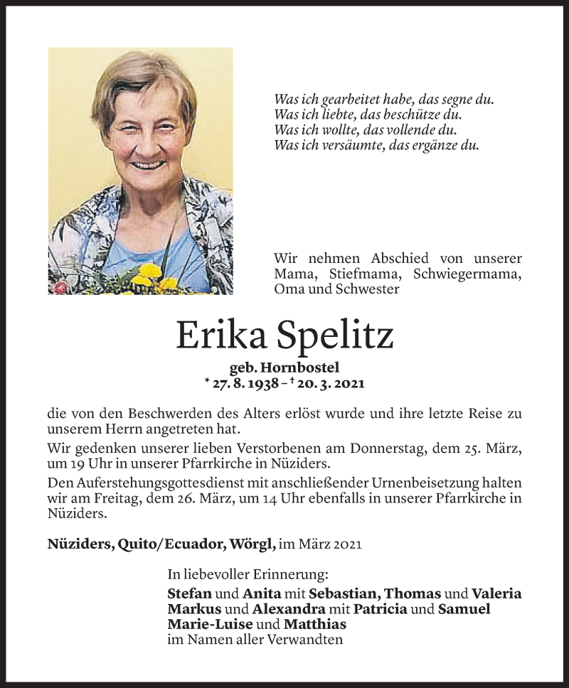  Todesanzeige für Erika Spelitz vom 24.03.2021 aus Vorarlberger Nachrichten