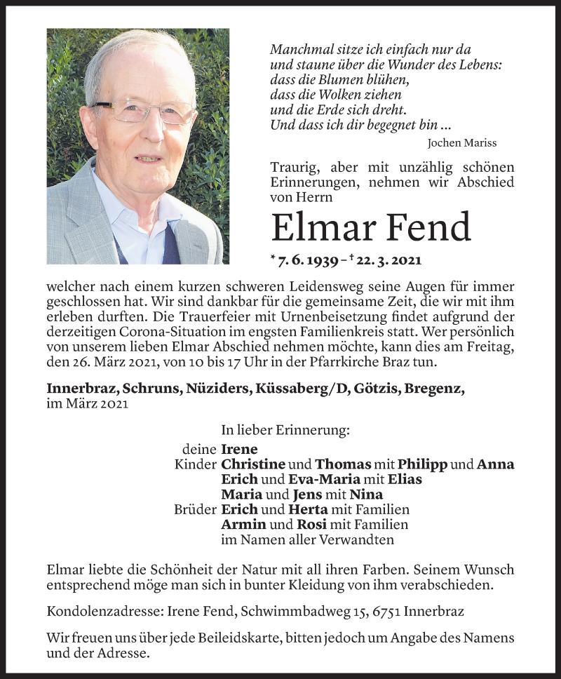  Todesanzeige für Elmar Fend vom 25.03.2021 aus Vorarlberger Nachrichten