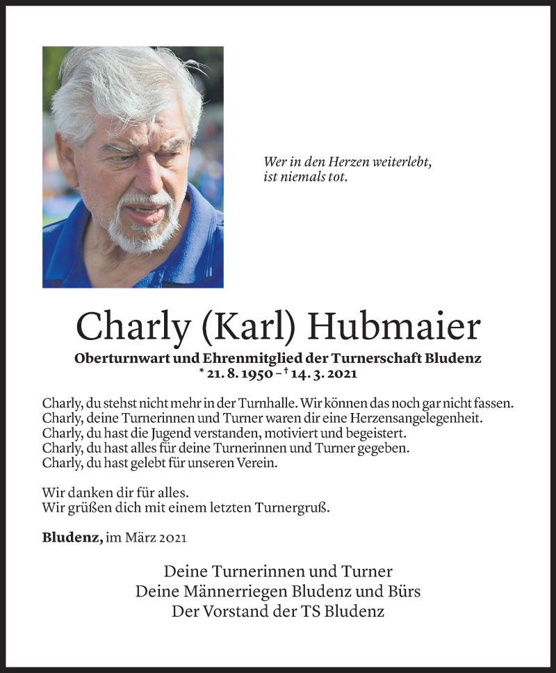  Todesanzeige für Karl Hubmaier vom 24.03.2021 aus Vorarlberger Nachrichten