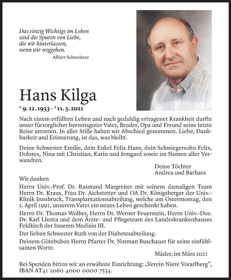  Todesanzeige für Hans Kilga vom 02.04.2021 aus Vorarlberger Nachrichten
