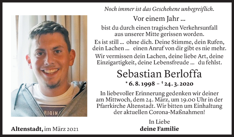  Todesanzeige für Sebastian Berloffa vom 24.03.2021 aus Vorarlberger Nachrichten