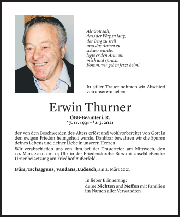 Todesanzeige von Erwin Thurner von Vorarlberger Nachrichten
