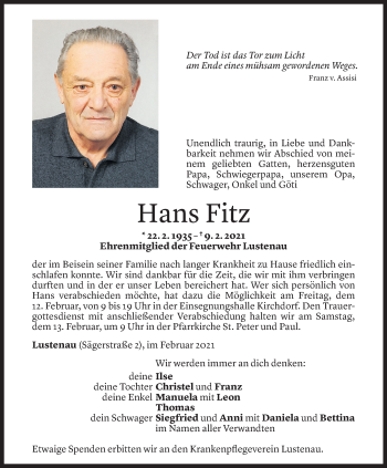 Todesanzeige von Hans Fitz von Vorarlberger Nachrichten