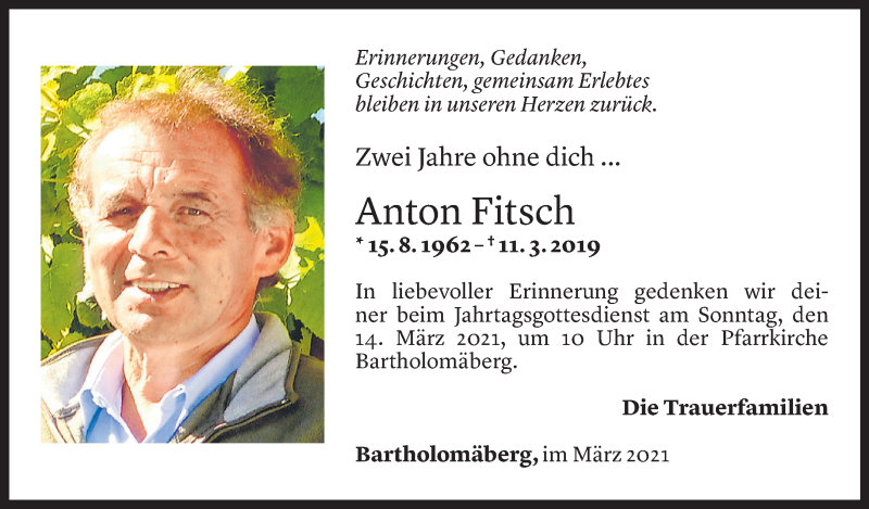  Todesanzeige für Anton Fitsch vom 10.03.2021 aus Vorarlberger Nachrichten