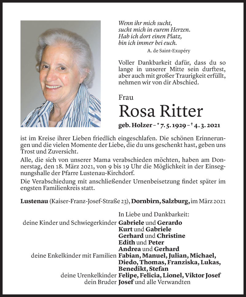  Todesanzeige für Rosa Ritter vom 15.03.2021 aus Vorarlberger Nachrichten