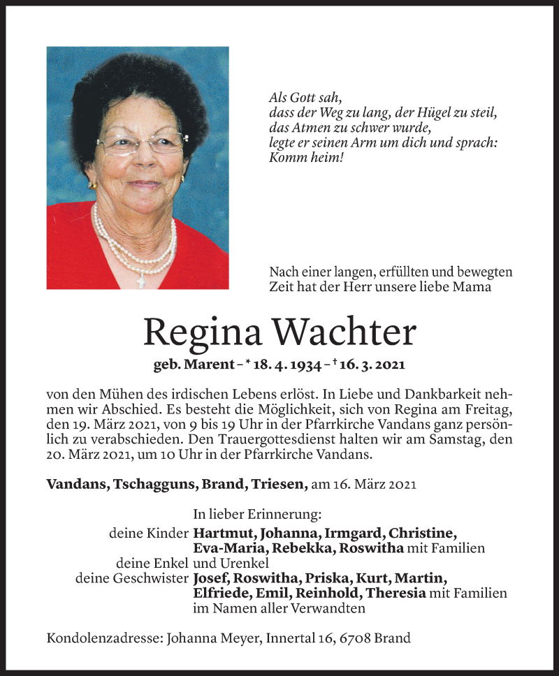  Todesanzeige für Regina Wachter vom 17.03.2021 aus Vorarlberger Nachrichten