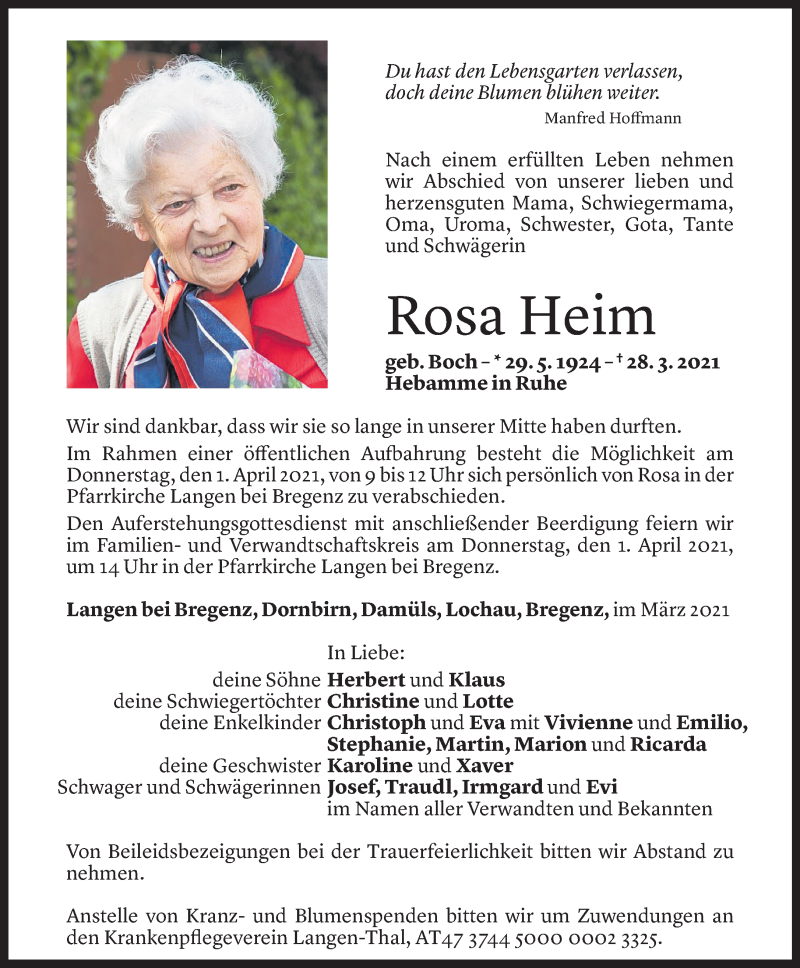  Todesanzeige für Rosa Heim vom 29.03.2021 aus Vorarlberger Nachrichten