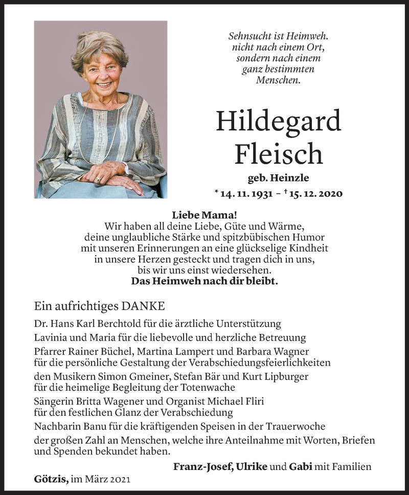  Todesanzeige für Hildegard Fleisch vom 20.03.2021 aus Vorarlberger Nachrichten