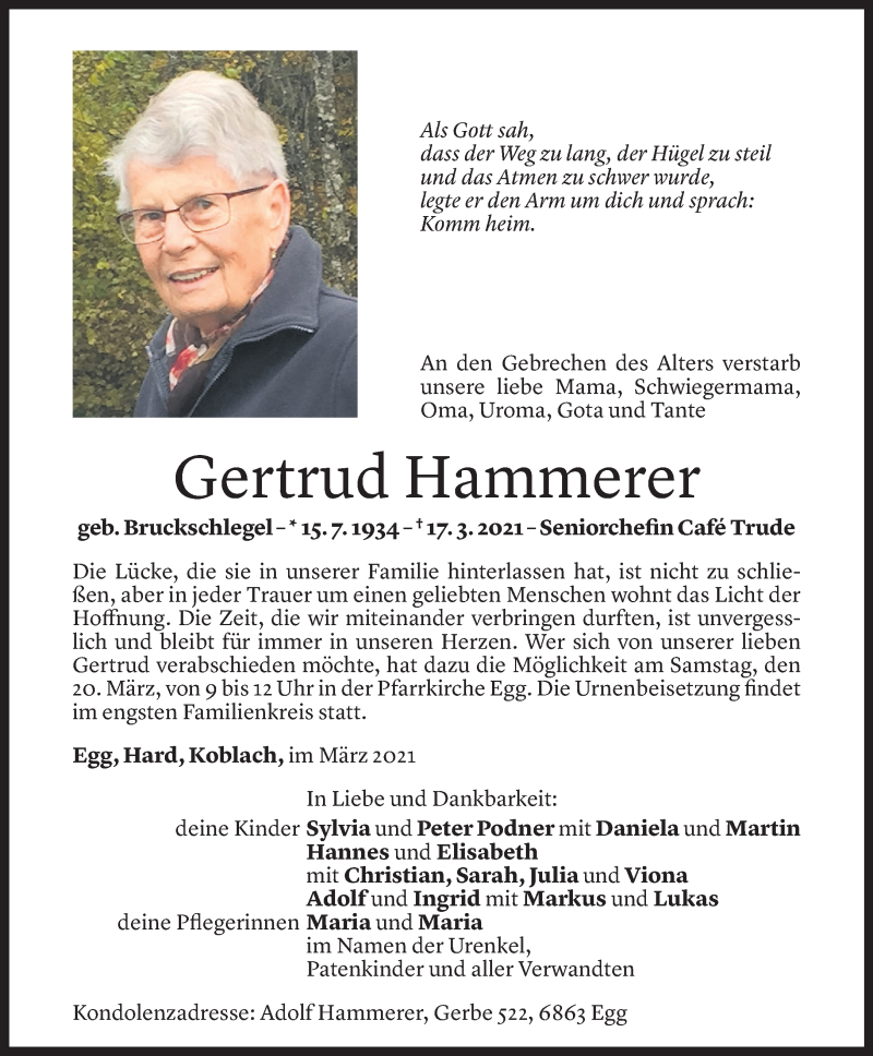  Todesanzeige für Gertrud Hammerer vom 18.03.2021 aus Vorarlberger Nachrichten