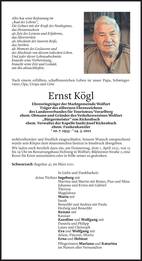  Todesanzeige für Ernst Kögl vom 26.03.2021 aus Vorarlberger Nachrichten