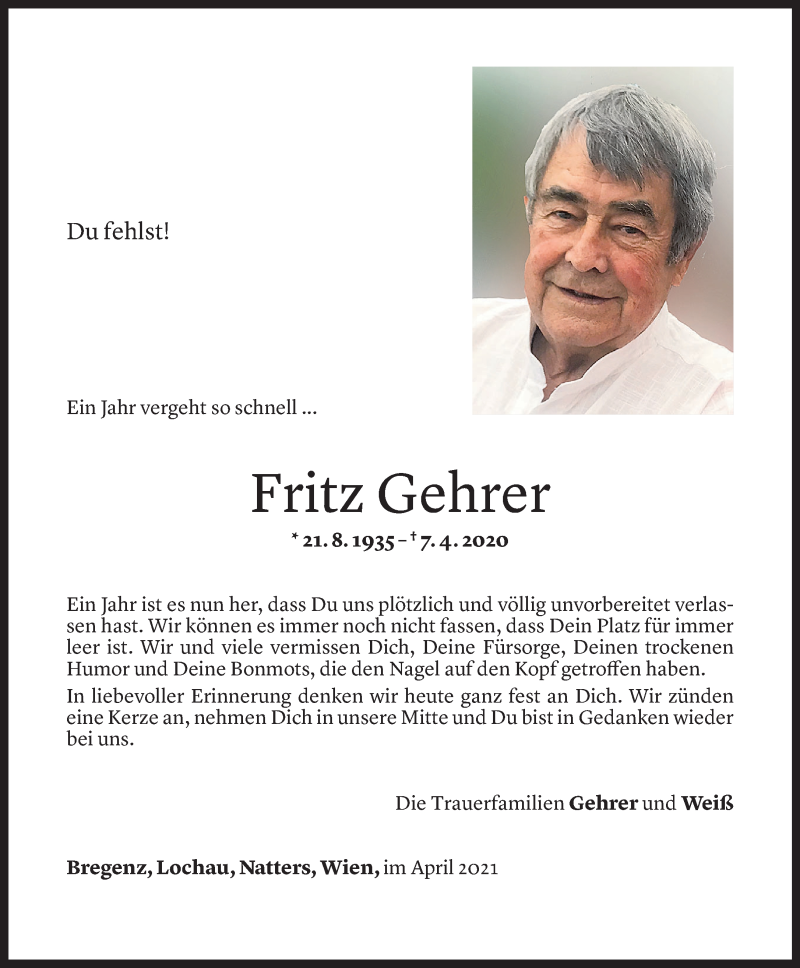 Todesanzeige für Fritz Gehrer vom 06.04.2021 aus Vorarlberger Nachrichten