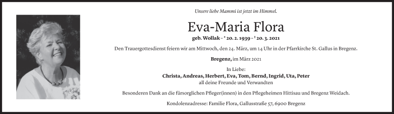  Todesanzeige für Eva-Maria Flora vom 21.03.2021 aus Vorarlberger Nachrichten