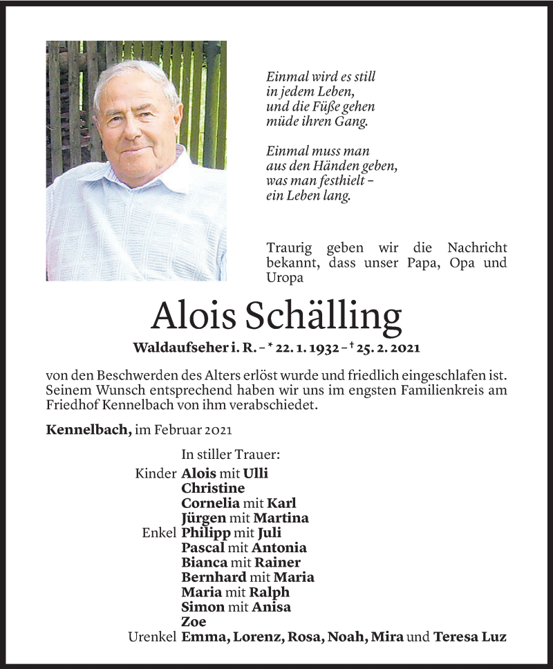  Todesanzeige für Alois Schälling vom 06.03.2021 aus Vorarlberger Nachrichten