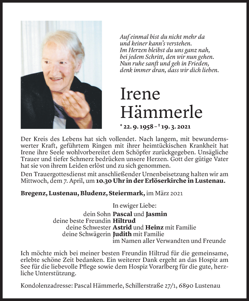  Todesanzeige für Irene Hämmerle vom 02.04.2021 aus Vorarlberger Nachrichten