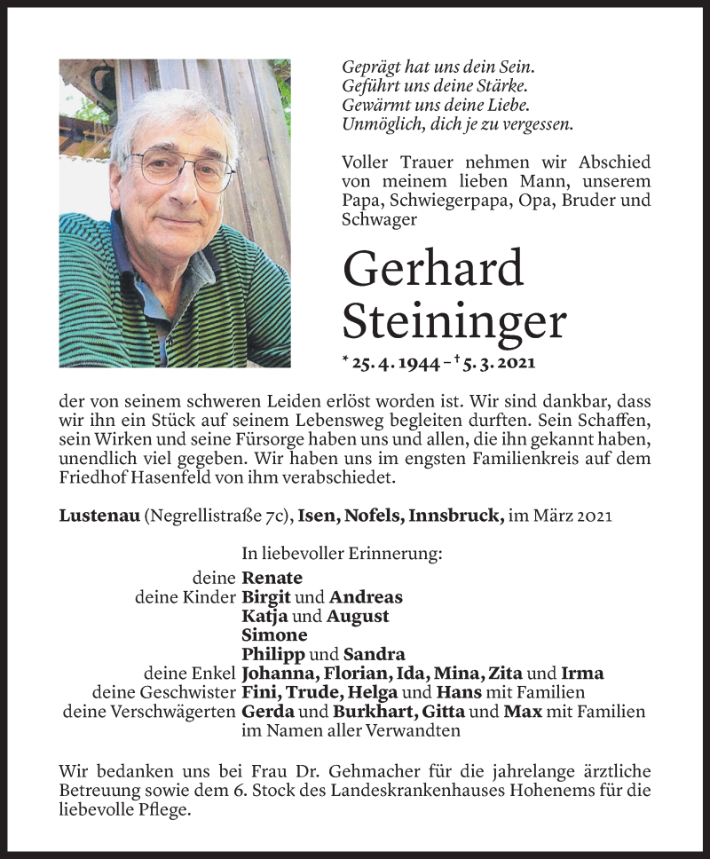  Todesanzeige für Gerhard Steininger vom 13.03.2021 aus Vorarlberger Nachrichten