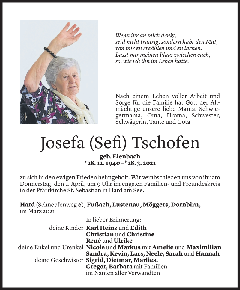  Todesanzeige für Josefa Tschofen vom 31.03.2021 aus Vorarlberger Nachrichten