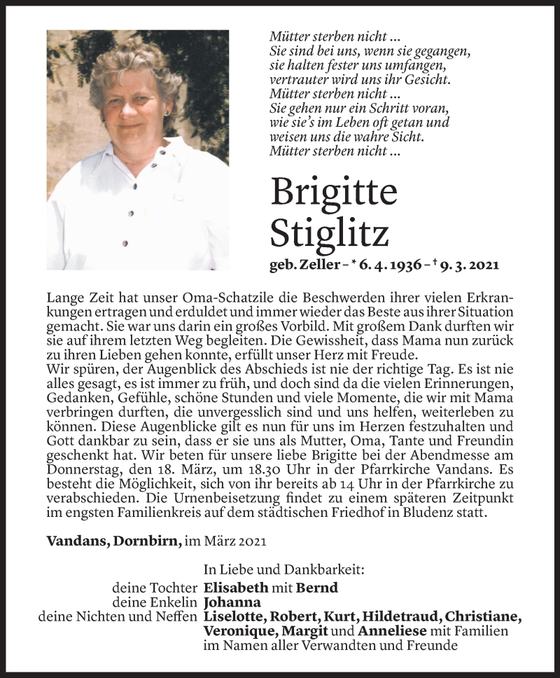  Todesanzeige für Birgitte Stiglitz vom 17.03.2021 aus Vorarlberger Nachrichten