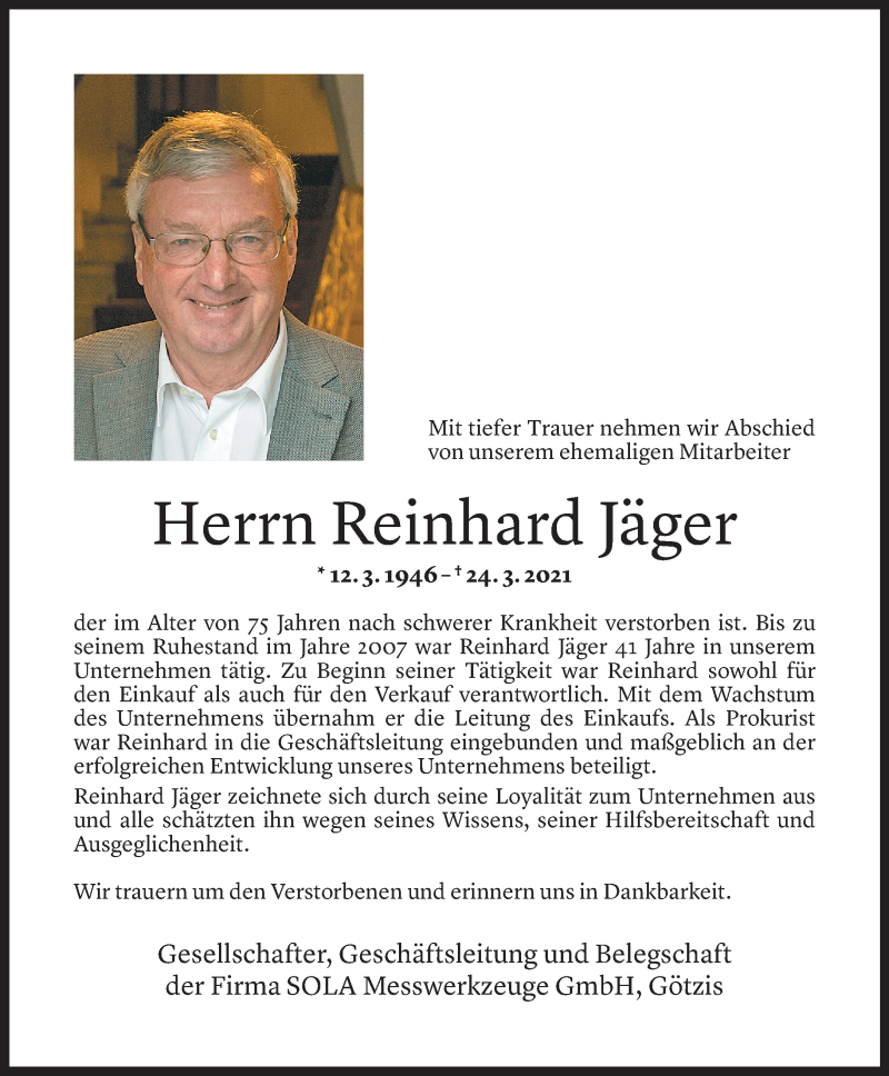  Todesanzeige für Reinhard Jäger vom 27.03.2021 aus Vorarlberger Nachrichten