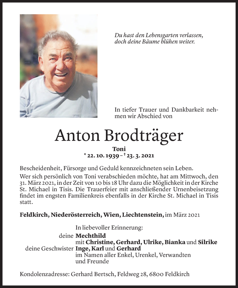  Todesanzeige für Anton Brodträger vom 29.03.2021 aus Vorarlberger Nachrichten