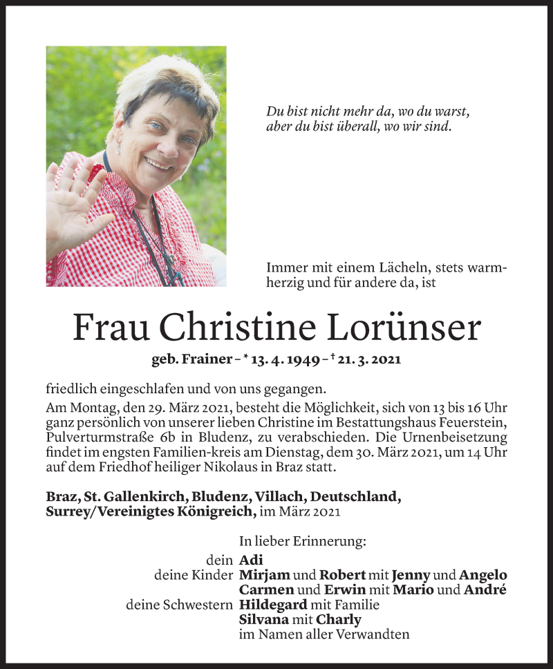  Todesanzeige für Christine Lorünser vom 27.03.2021 aus Vorarlberger Nachrichten