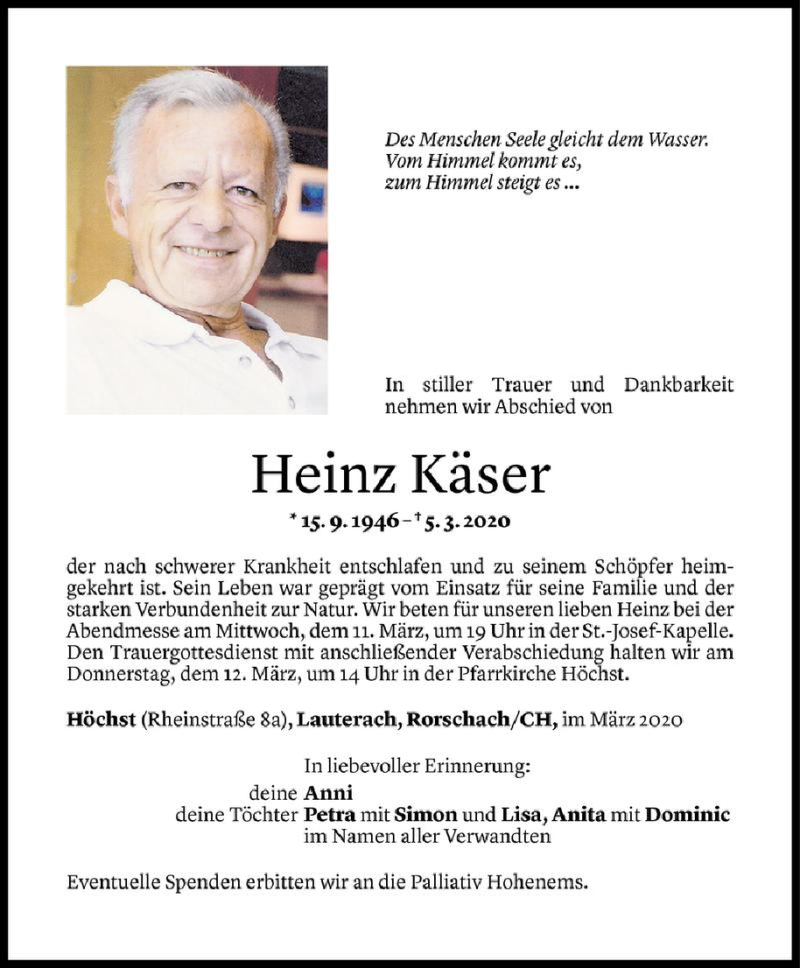  Todesanzeige für Heinz Käser vom 05.03.2020 aus Vorarlberger Nachrichten