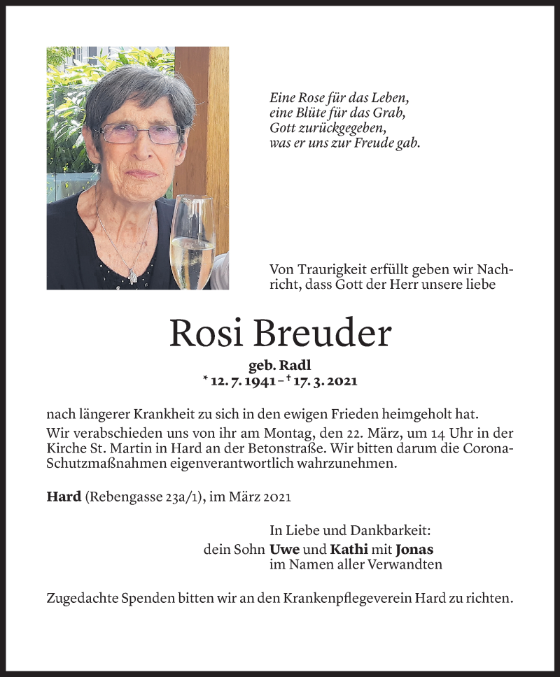  Todesanzeige für Rosi Breuder vom 20.03.2021 aus Vorarlberger Nachrichten
