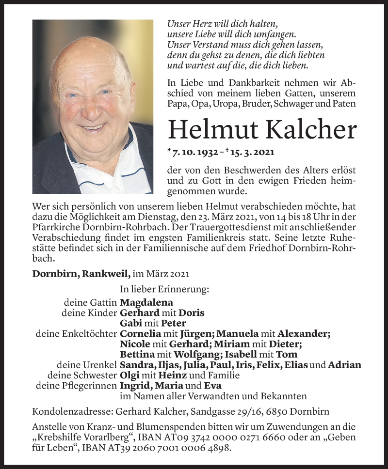  Todesanzeige für Helmut Kalcher vom 19.03.2021 aus Vorarlberger Nachrichten
