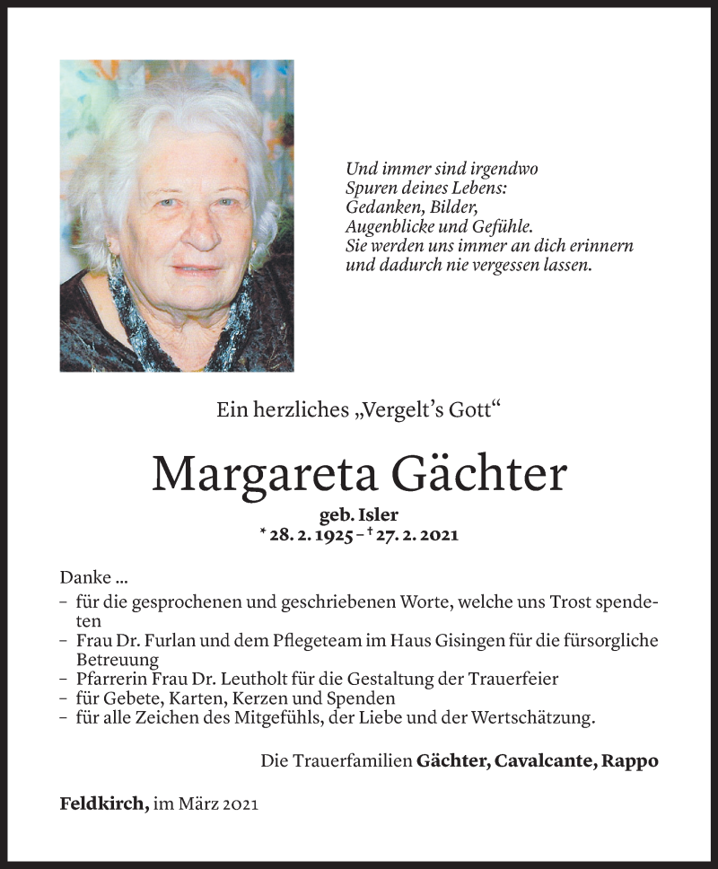  Todesanzeige für Margareta Gächter vom 19.03.2021 aus Vorarlberger Nachrichten