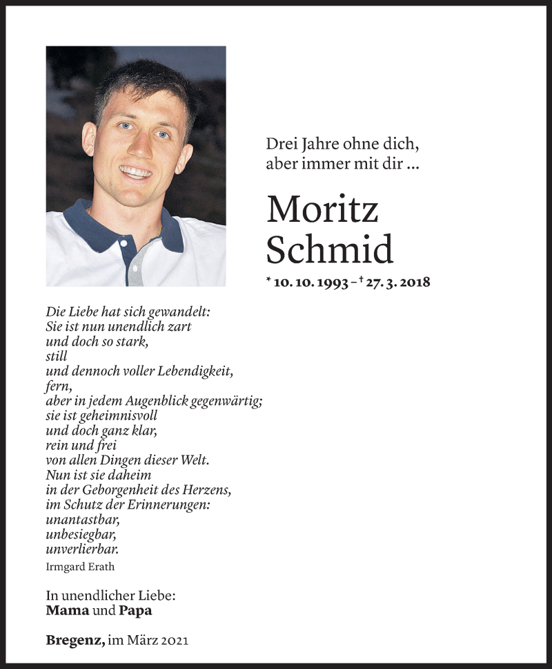  Todesanzeige für Moritz Schmid vom 27.03.2021 aus Vorarlberger Nachrichten