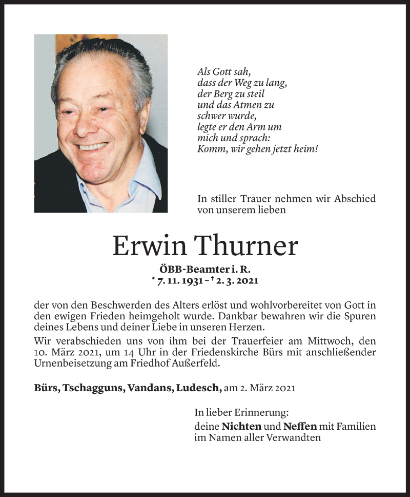 Todesanzeige für Erwin Thurner vom 05.03.2021 aus Vorarlberger Nachrichten