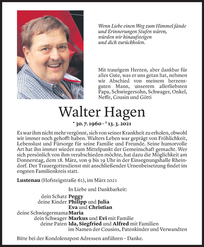  Todesanzeige für Walter Hagen vom 17.03.2021 aus Vorarlberger Nachrichten
