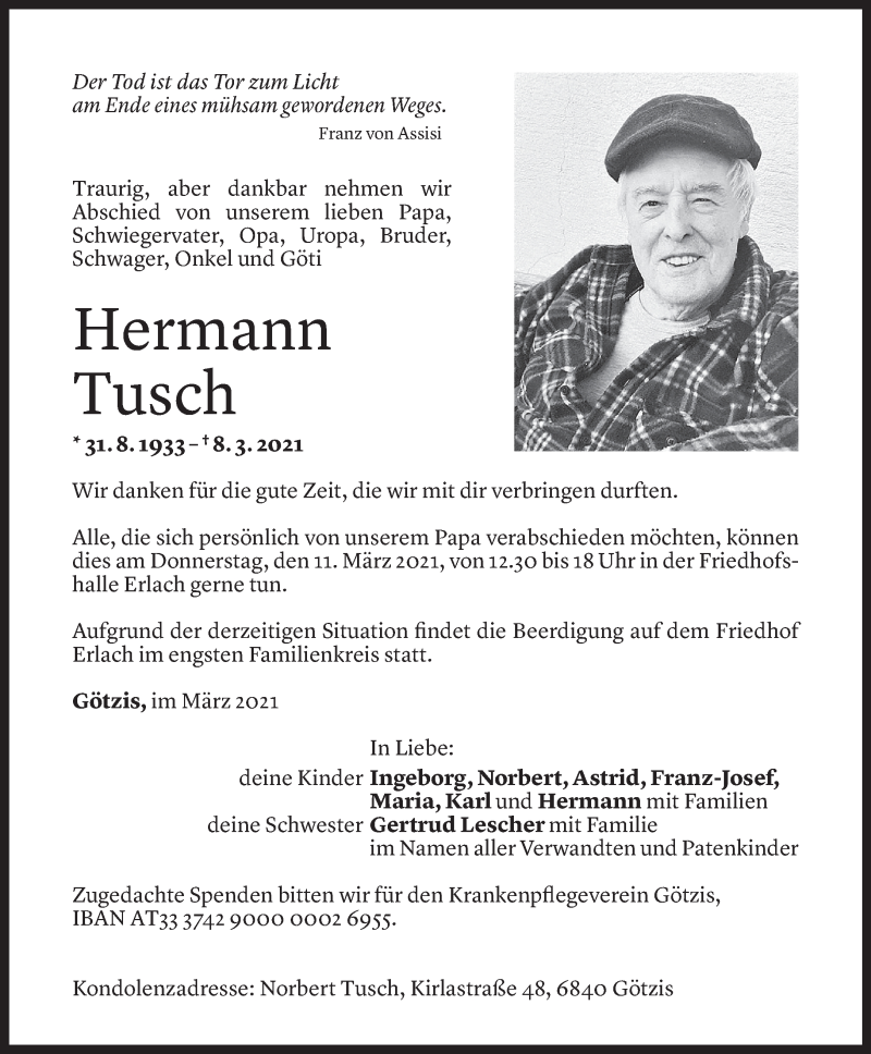  Todesanzeige für Hermann Tusch vom 10.03.2021 aus Vorarlberger Nachrichten